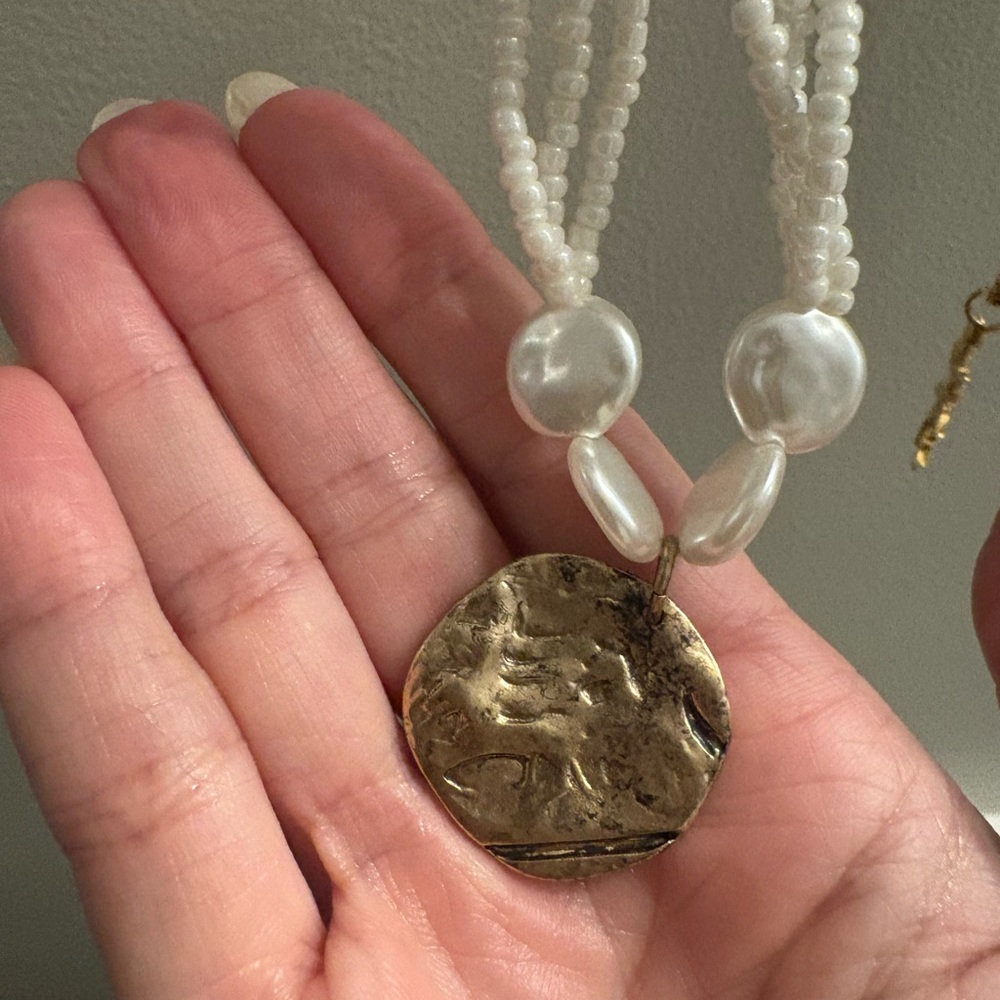 Free People Sailor Necklace - Gold Medallion & Pearls / Beads - Picture 3 of 6